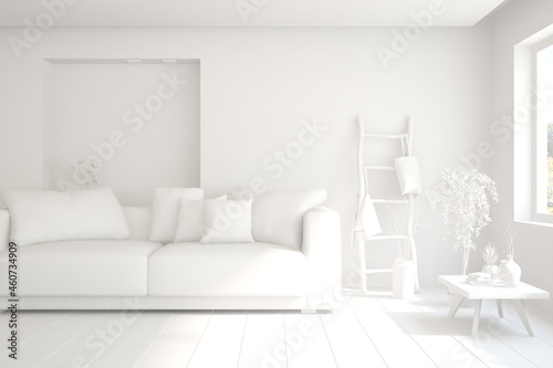 White minimalist living room with sofa. Scandinavian interior design. 3D illustration