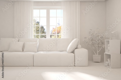 Stylish room in white color with sofa and autumn landscape in window. Scandinavian interior design. 3D illustration