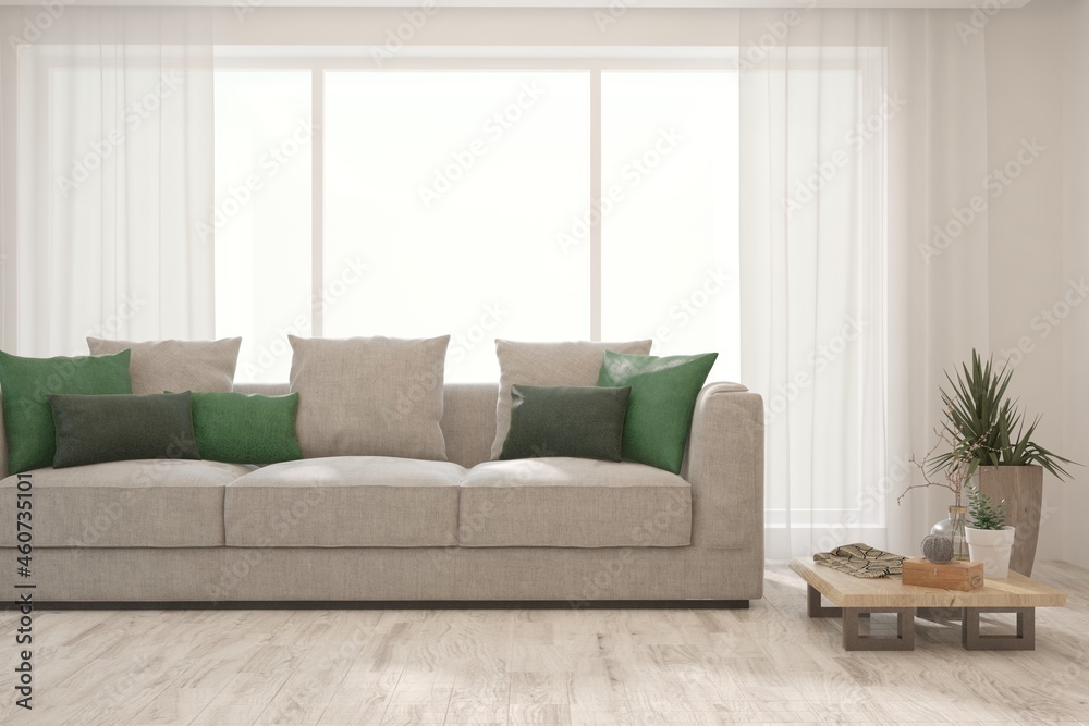 Fototapeta premium Modern living room in white color with sofa. Scandinavian interior design. 3D illustration