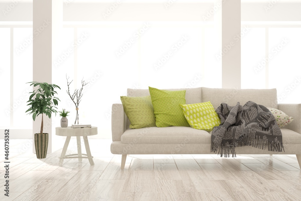 Fototapeta premium White living room with sofa. Scandinavian interior design. 3D illustration