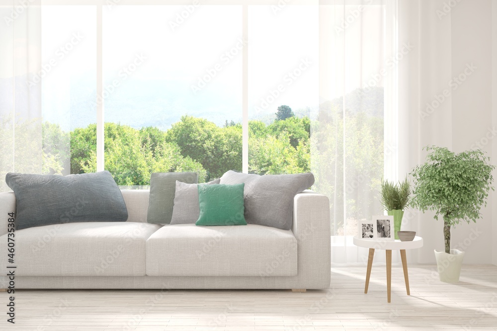 White living room with sofa and summer landscape in window. Scandinavian interior design. 3D illustration White living room with sofa and summer landscape in window. Scandinavian interior design. 3D illustration