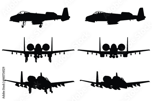 Military attack aircraft silhouette vector on white background, military vehicle technology, set of air force weapon in black and white.
