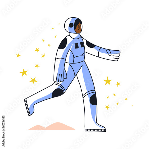 Astronaut woman in spacesuit and helmet flat vector illustration. Girl cosmonaut character. Female tourist travel in cosmos. Astronaut cartoon people isolated on white background, poster design