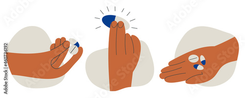 Set of hands holding pills tablet drugs capsules or vitamins by two fingers and in open palm. Pharmacy, drug store, medicine. Human character hand holding medical pills. Vector cartoon illustration