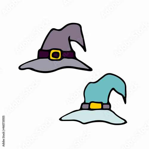 Doodle witch hats set. Hand-drawn details of masquerade festive costume isolated on white background. Vector illustration for Halloween, trick or treat party, mystical paranormal design, creepy print