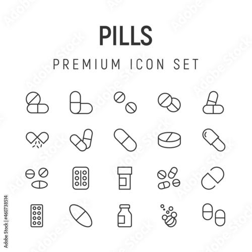 Premium pack of pills line icons.