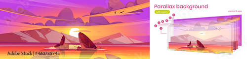 Sea landscape with small island in water and mountains at sunset. Vector parallax background for 2d game animation with cartoon illustration of lake, rocks, sun and clouds in pink sky
