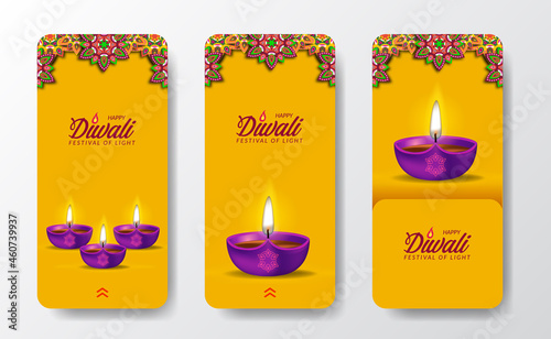 Diwali festival holiday design with paper cut style of Indian mandala Rangoli with oil lamp light social media stories