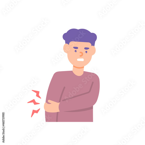 illustration of a man or boy feeling pain in the right arm. broken hands, elbow pain, arthritis, muscle pain, cramps, tingling. health problems in the body. flat cartoon style. vector design