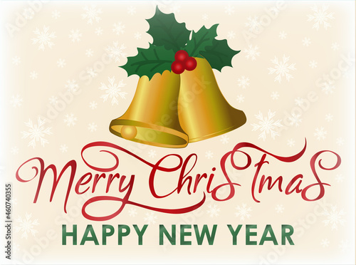 Happy Merry Christmas and New Year card with christmas omela, xmas bells, vector illustration