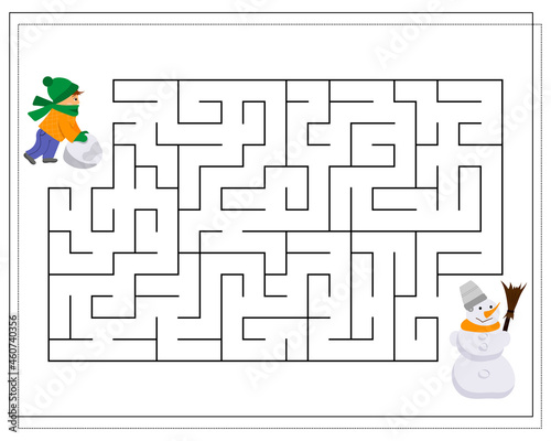 A maze game for kids, help the child to go through the maze and make a snowman. vector isolated on a white background.