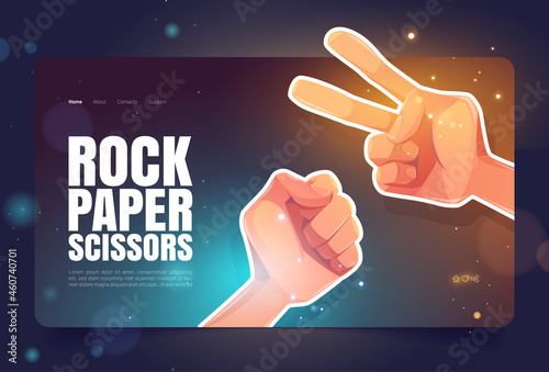 Rock, paper, scissors banner with hands in fist and victory symbol. Vector landing page of hand gesture game with cartoon illustration of human arms playing in gesturing game