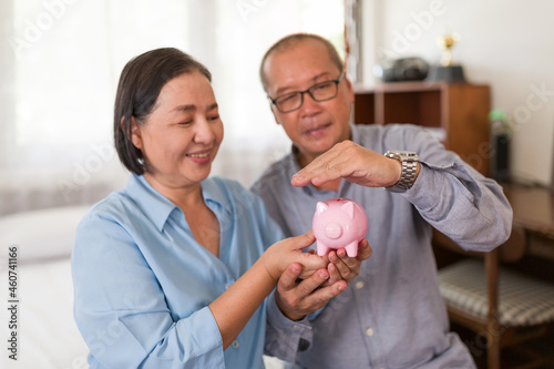 Happy senior Asian couple raise hands of cover above pink piggy bank. Retirement, ageing, saving money and financial concept