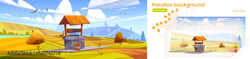 Parallax background for game, old stone well with drinking water on hill with farm fields around. Autumn 2d landscape with vintage rural well and bucket on rope separated layers, Cartoon vector scene