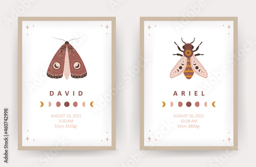 Boho baby shower poster. Newborn metric. Celestial insects with moon and stars. Scandinavian card with kids name, height, weight, date of birth. Cute pastel vector illustration in flat style.