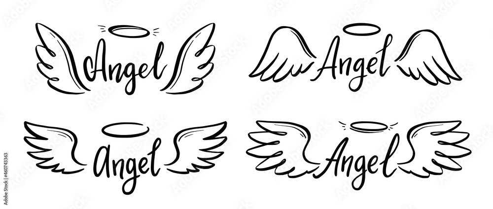 Angel wing with halo and angel lettering text set. Hand drawn line sketch style wing. Simple vector illustration. Angel wing with halo and angel lettering text set. Hand drawn line sketch style wing. Simple vector illustration.