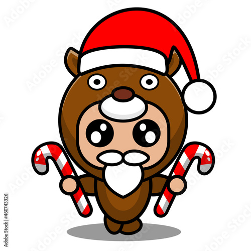 cartoon vector illustration of cute deer animal mascot costume character wearing christmas hat and holding christmas candy