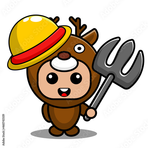 cartoon vector illustration of cute deer animal mascot costume character holding farmer's fork