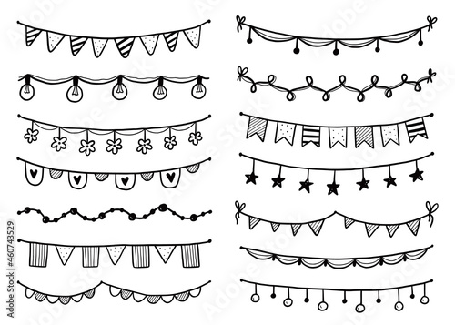 Party garland set with flag, bunting, pennant. Hand drawn sketch doodle style garland. Vector illustration for birthday, festival, carnival drawn decoration.