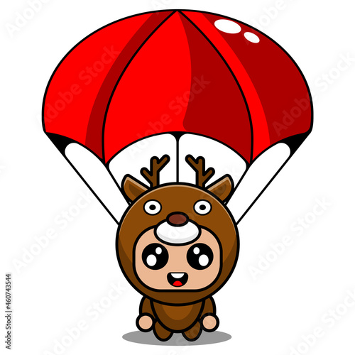 cartoon vector illustration of cute deer animal mascot costume character wearing a parachute