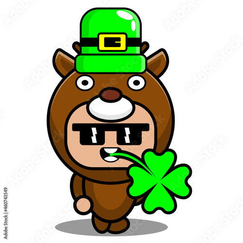 cartoon vector illustration of cute deer animal mascot costume character wearing st patrick's hat and biting clover