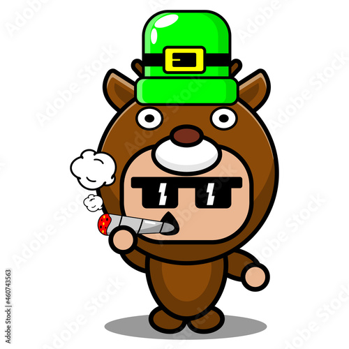 cartoon vector illustration of cute deer animal mascot costume character wearing st patrick's hat and smoking
