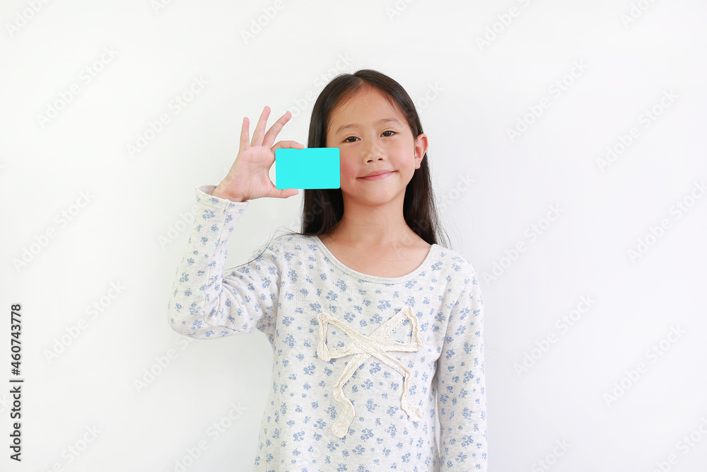 Little young child hold showing blank Cyan card over white background