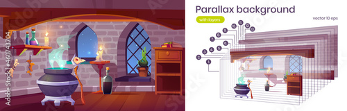 Witch house with magic potion boiling in cauldron and mandrake in pot. Vector parallax background for 2d animation with cartoon interior of wizard or sorceress room in medieval castle photo