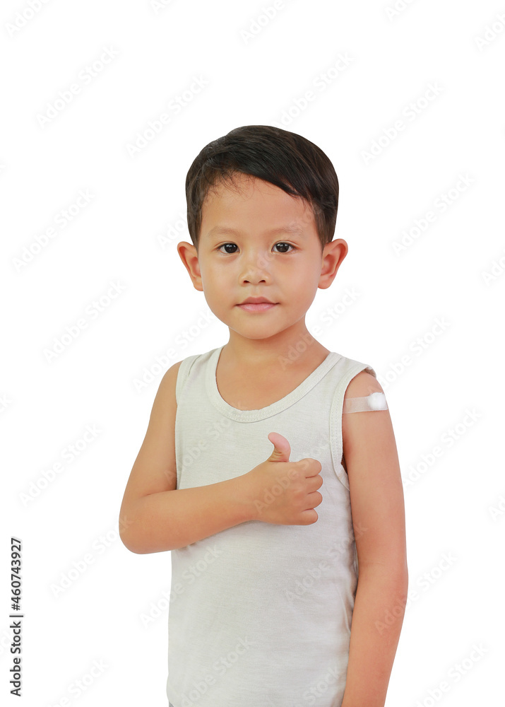 Child show thumb for arm with adhesive plaster, cotton from vaccinated. Asian little baby boy with plaster on the shoulder from the injection. Treatment of children patch. Vaccination concept Child show thumb for arm with adhesive plaster, cotton from vaccinated. Asian little baby boy with plaster on the shoulder from the injection. Treatment of children patch. Vaccination concept
