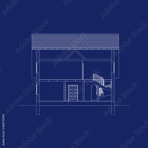Architectural modern background. Cross-section suburban house. Vector blueprint.