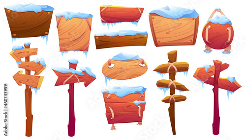 Wooden signboards covered by snow, planks and pointers on post at winter. Vector cartoon set of old wood panels, frozen timber boards and direction signs with icicles isolated on white background