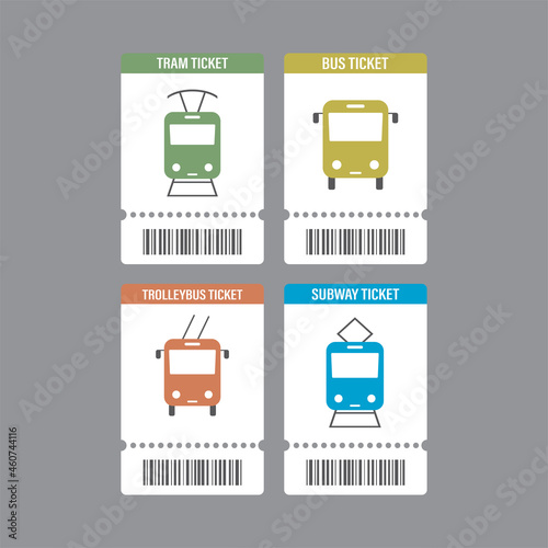 Tickets for travel on metro, trolleybus, tram and bus. Public transport pass. Set of paper tickets with pictograms and barcode.