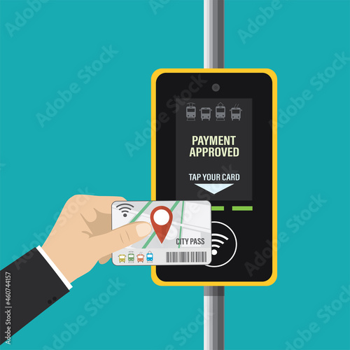 Terminal for contactless payment of public transport fares. Hand holds city pass, transport card. Tourist ticket. Human passenger uses plastic or paper card.