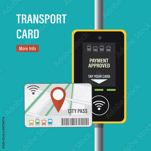 Terminal for contactless payment of public transport fares. City pass, transport card. Tourist ticket. Plastic or paper card for using on various city transport.