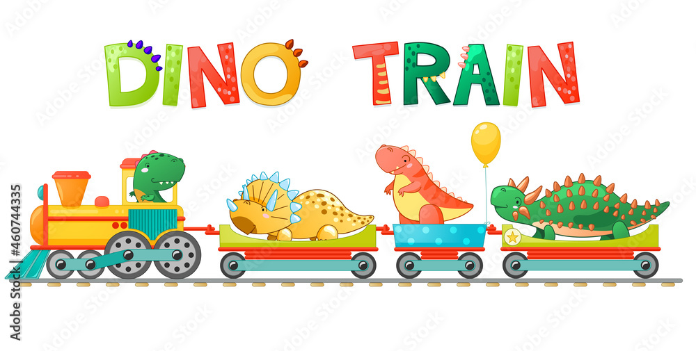 Naklejka premium Train with cute little dinosaur in cartoon style. Vector colorful illustration for school, preschool kids design.