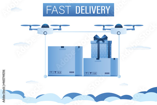 Fast delivery, banner template. Two drones deliver packages to consumers. New technologies for fast transportation of goods. Quadcopters couriers in sky.