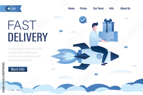 Fast delivery, landing page template. Deliveryman sitting on rocket and holds cardboard boxes. Male courier with parcels. Fast shipping technologies.