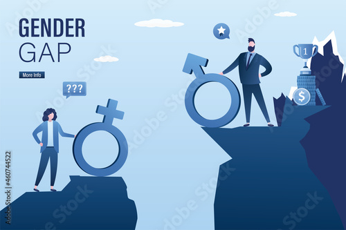 Gender gap, landing page. Inequality in work. Man stands taller than woman on mountain peak. Advantage for businessman over businesswoman on career ladder.