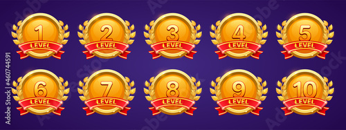 Gold badges with level number for game ui design. Vector cartoon icons of golden medals with red ribbons and laurel leaves isolated on blue background. Rank signs in game or mobile app