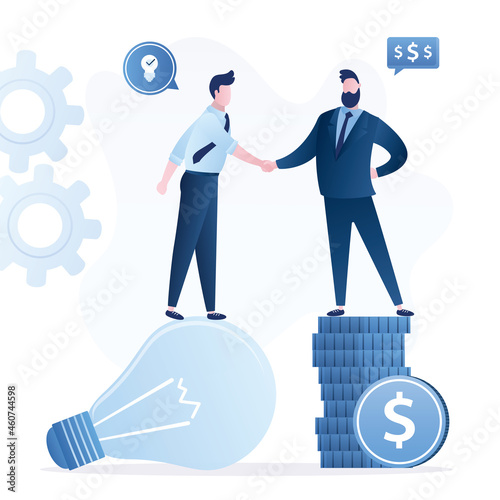 Idea pitching, fund raising and venture capital, selling startup business or merger agreement concept. Businessmen shake hands. Successful business negotiation, partnership.