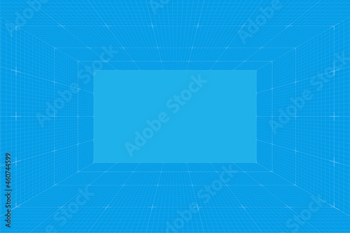 Grid perspective blueprint room. Wireframe millimeter paper background. Digital cyber box technology model. Vector blank architectural template