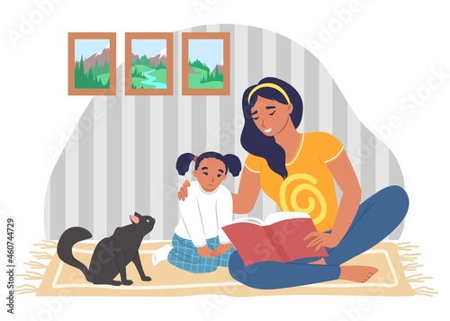 Happy mother reading book with daughter sitting on carpet, vector illustration. Parent child relationship. Parenting.