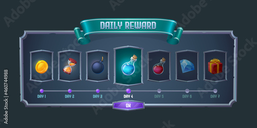 Daily reward frame with item icons for game gui design. Vector cartoon illustration of prizes for every day, gold coin, bomb, gift box, diamond and potions in old metal border with ribbon