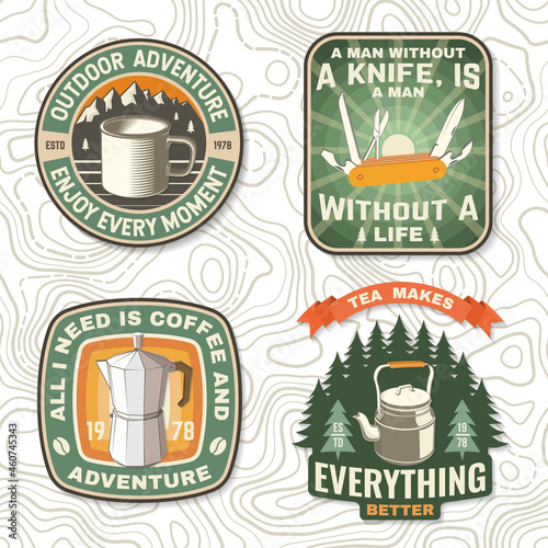 Set of travel inspirational quotes. Vector Concept for shirt or logo, print, stamp or tee. Design with retro camping tea kettle, pocket knife, geyser coffee maker, and mug silhouette. Camping quote.