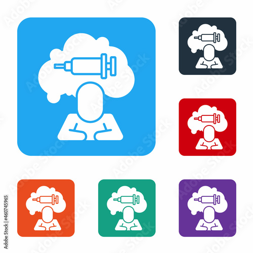 White Addiction to the drug icon isolated on white background. Heroin, narcotic, addiction, illegal. Sick junkie with a syringe and medical pills. Set icons in color square buttons. Vector