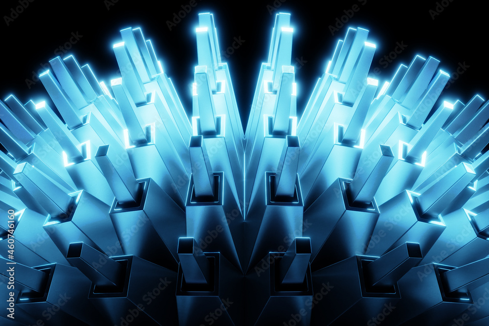 Fototapeta premium 3D illustration , close up of the silver metal ball with many faces and spikes, crystals scatter on a black background. Cyber ball sphere