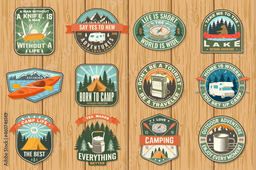 Set of travel inspirational quotes. Vector Concept for shirt or logo, print, stamp or tee. Vintage design with retro camping tea kettle, kayak, compass, primus, campfire silhouette. Camping quote.