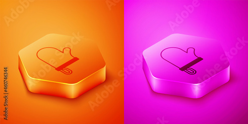 Isometric Oven glove icon isolated on orange and pink background. Kitchen potholder sign. Cooking glove. Hexagon button. Vector
