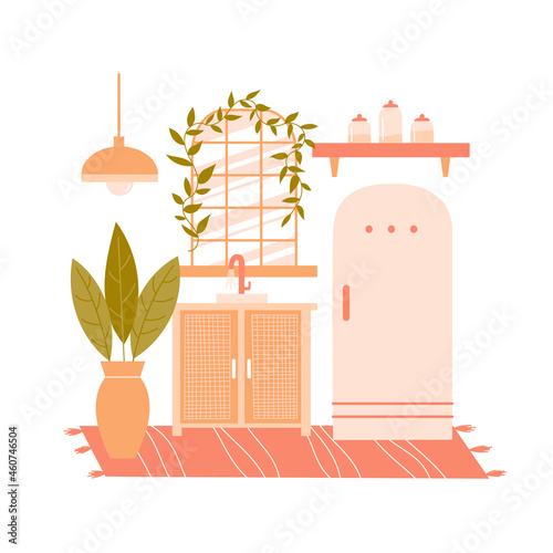 Vector flat illustration with furniture on white background. Modern interior items for a kitchen: fridge, houseplant, carpet, sink, window, lamp