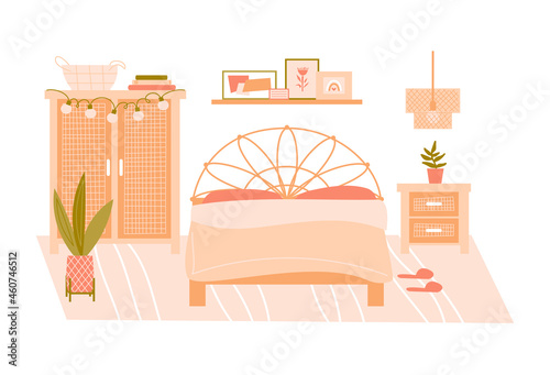 Vector flat illustration with furniture on white background. Modern interior items for a bedroom: bed, bedside table, chest, shelf with pictures, houseplant, lamp
